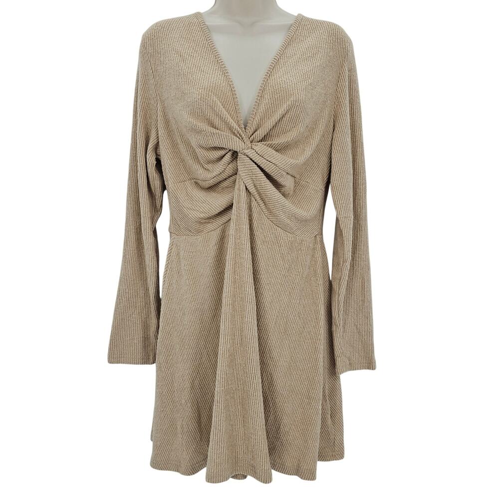 Cupshe Womans size XL Khaki V-Neck Knotted Long Sleeve Ribbed Mini Dress NEW